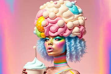 Wall Mural - Extreme colorful fashionable woman with crazy rainbow colored hairs. Generative AI