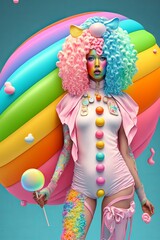 Wall Mural - Extreme colorful fashionable woman with crazy rainbow colored hairs. Generative AI