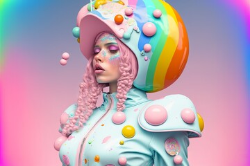 Wall Mural - Extreme colorful fashionable woman with crazy rainbow colored hairs. Generative AI