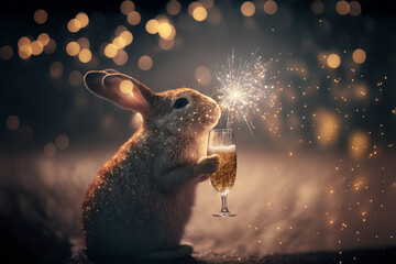 Cute little rabbit drinking from a champagne glass. Festive background for Chinese New Year.