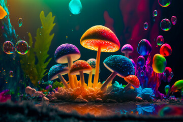 Wall Mural - psychedelic decorative mushrooms. image created with generative ai technology.