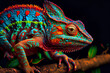 Close up of a brightly colored chameleon. Psychedelic and vibrant animal artwork. Beautiful multicolor scales. Generative AI.