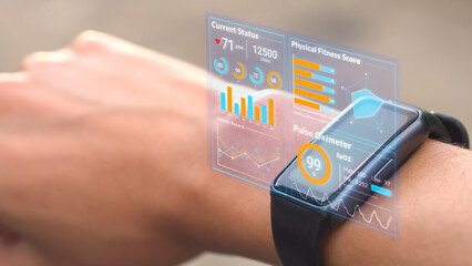 Futuristic hologram infographic display on smartwatch, 3d rendering medical data user interface screen app on hi-tech watch, heart rate SpO2 scanning and physical health condition UI technology