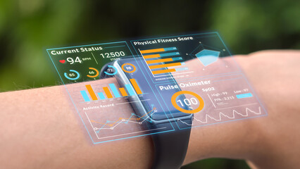 Futuristic hologram infographic display on smartwatch, 3d rendering medical data user interface screen app on hi-tech watch, heart rate SpO2 scanning and physical health condition UI technology