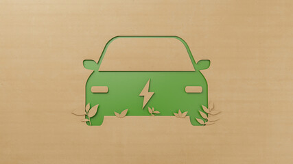 Wall Mural - Car icon cardboard with decorated papercut plant growing inside, new Eco friendly and renewable power electric vehicle concept, green energy transportation industry future 3D illustration cutout