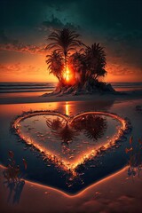 Wall Mural - beautivul and romantic heart shape on a sandy beach in paradise with a epic sunset at the golden hour, generative ai