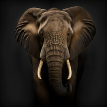 Big Beautiful Profile Of An African Grey Elephant With Ivory Tusks Walking Forward On A Black Background. Realistic Detailed, Photo Theme, Made By AI Generation.