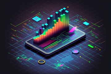 Application of Smartphone with business graph and analytics data on isometric mobile phone. Analysis trends and software development coding process concept. Programming, testing cross platform code