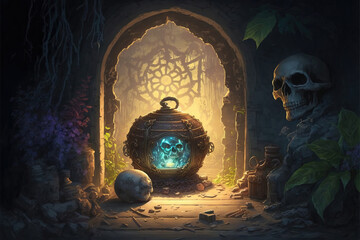 Wall Mural - fantasy scene, the treasure at the end of a dungeon. sketch art for artist creativity and inspiration. generative AI	