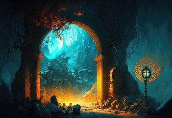 Wall Mural - fantasy scene, the treasure at the end of a dungeon. sketch art for artist creativity and inspiration. generative AI	