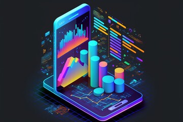 Application of Smartphone with business graph and analytics data on isometric mobile phone. Analysis trends and software development coding process concept. Programming, testing cross platform code