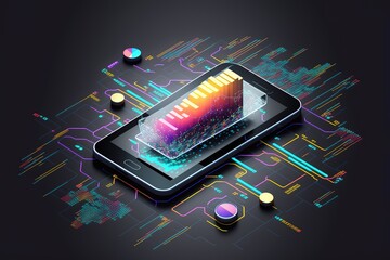 Application of Smartphone with business graph and analytics data on isometric mobile phone. Analysis trends and software development coding process concept. Programming, testing cross platform code