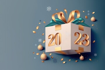 2023 which 3d Realistic Gift Box. Merry Christmas and Happy New Year 2023 greeting card celebrate party 2023.