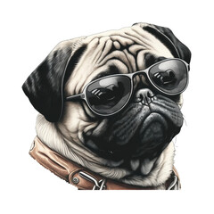 Wall Mural - Pug dog wearing sunglasses isolated on transparent background, 