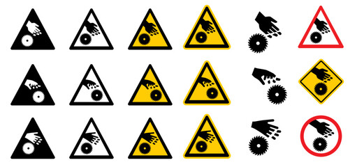 Warning, stop sign. Cartoon circular saw blades icon or symbol. Half sawblade logo. circular saw blade. Beware, caution, alert electric saw, circle. Silhouette, saw blade cut No ban pictogram.