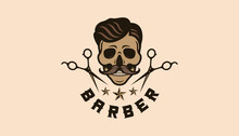 Skull Vintage Barber Shop Logo Retro Design Vector Illustration