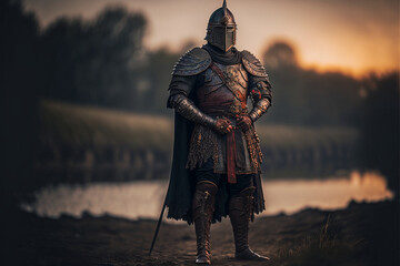 Wall Mural - illustration of an ancient warrior against the backdrop of a sunset, a medieval knight in armor, generated by ai