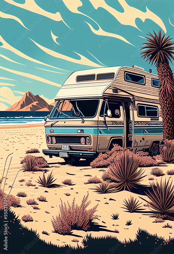 Poster Rv 6 Old Van On beach. RV, Vanlife poster concept. Ai Generative Stock ...