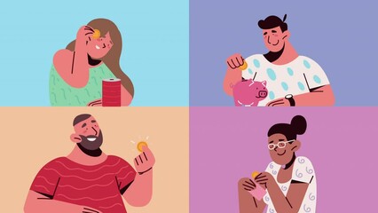 Wall Mural - four persons with money financial animation
