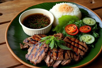 illustration of  Thai cuisine traditional dish, Kor Mue Yang, well-done cooked collar pork steak with sour and spicy tamarind sauce eat with rice or sticky rice and vegetable