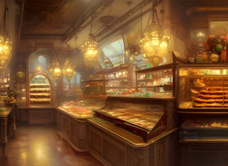 Wall Mural - The interior of an old fashioned pastry shop with pastries on shelves and food items displayed on counters. generative ai illustration.