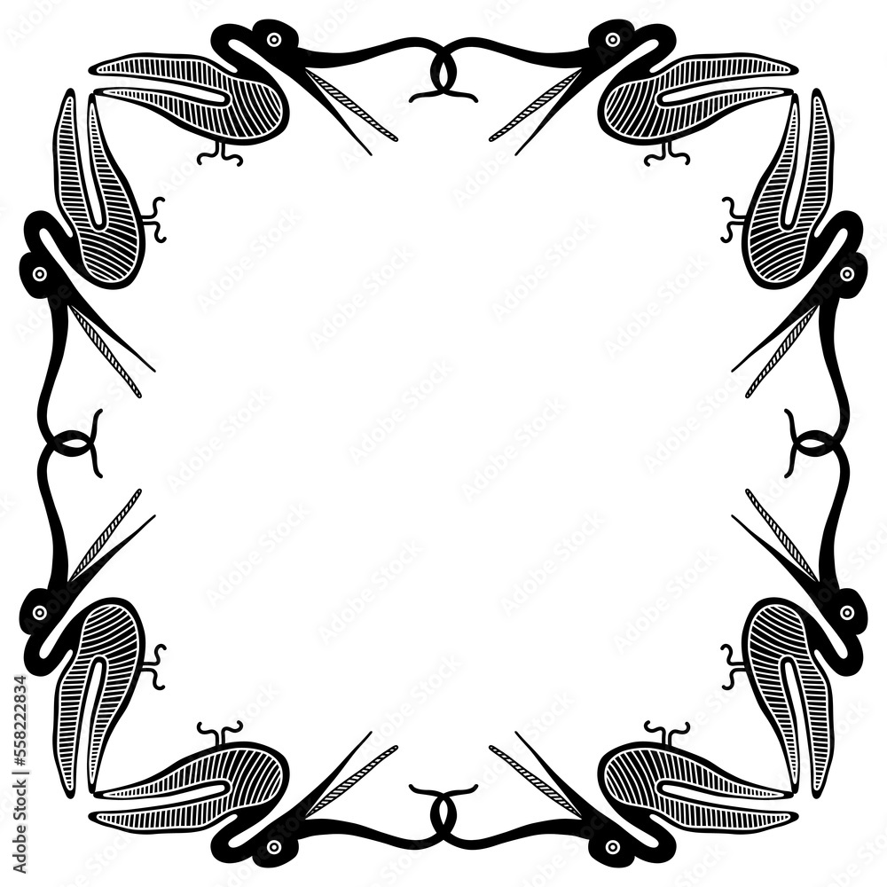 Rounded animal frame with stylized heron birds. Black and white ...