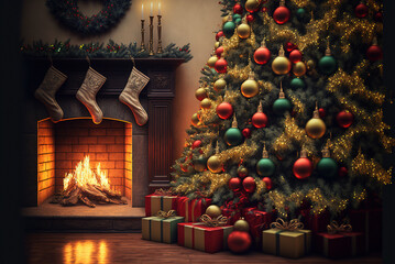 Wall Mural - Christmas tree in a room with fireplace, gifts, candles, garlands. Decorated New Year interior. Festive atmosphere.