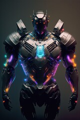 Poster - Cyberpunk future armour made of black titanium and some crystal, RGB leds rainbow, visible wires and microchip.