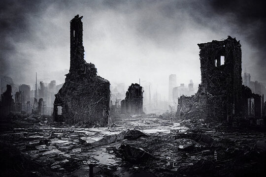 half submerge city ruins, destroyed by war . apocalypse battlefield aftermath ruins. designed using 