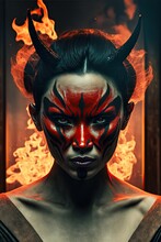 Fierce Asian Woman Wearing Oni Mask Over Face. Fire And Flames In The Background. Fictional Non-derivative Character. Generative AI.