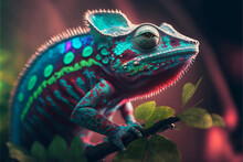 Chameleon Close Up. Neon Colors. Generative AI