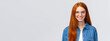 Leinwandbild Motiv Education, youth and courses concept. Close-up cheerful charismatic redhead teenage girl, college student in glasses, smiling and looking determined, starting new school year, white background