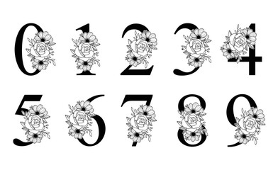 Floral numbers collection. Hand drawn roses, anemones and branches. Numeric monogram. Perfect for wedding invitations, birthday cards and posters. Black and white vector illustration.