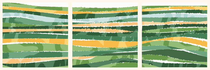 Wall Mural - Green collage abstract agri field background vector illustration. Pattern with textured nature, organic shape with scribble. Square post set, contemporary backdrop collection, social media template
