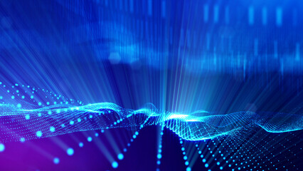 Wall Mural - microworld or sci-fi theme. 3d rendering background of glowing particles that form curved lines and 