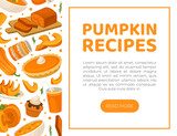Fototapeta  - Pumpkin recipes landing page template. Traditional dishes for celebrating Thanksgiving web banner, homepage cartoon vector