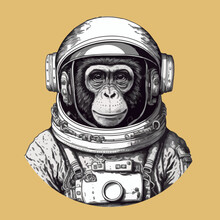 Hand Drawn Monkey Hipster Astronaut Vector Illustration. Monkey Astronaut In Outer Space T-shirt Design