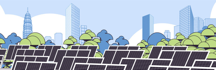 Wall Mural - solar panel battery renewable energy source concept city skyscraper view cityscape background horizontal linear