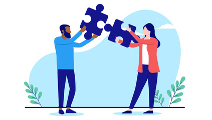 Fototapete - Connecting jigsaw puzzle pieces - Two business people, man and woman solving problem easy and efficient. Flat design vector illustration with white background