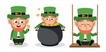 Vector Illustration Of Cute And Beautiful Leprechaun In Cartoon Style.Charming Characters, Funny Leprechaun With Coin,peeking Over A Pot Of Gold, Sitting On A Swing.Happy St. Patricks Day