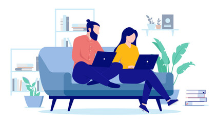 Poster - Couple working from home - Two people man and woman sitting in couch at home doing remote work on computer. Flat design vector illustration with white background