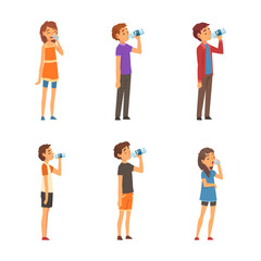 Sticker - People drinking water from plastic bottles set cartoon vector illustration