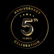 5th Anniversary. Anniversary logo design with gold color ring and text for anniversary celebration events. Logo Vector Template