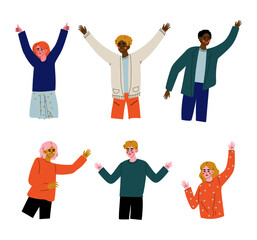 Poster - Young people with their hands raised set. Guys and girls gesturing and waving their hands in greeting cartoon vector illustration