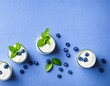 yogurt with fresh blueberries and mint on a blue background. top view.