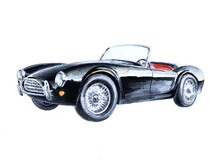 Lacquered Black Shiny Convertible. Sports Car. Watercolor On A White Background.