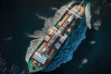 Wall Mural - Aerial view of cargo maritime ship in the ocean. Generative AI.