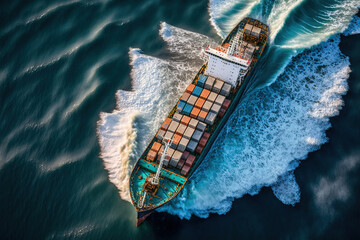 Wall Mural - Aerial view of cargo maritime ship in the ocean. Generative AI.