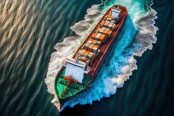 Wall Mural - Aerial view of cargo maritime ship in the ocean. Generative AI.