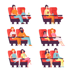 Poster - People sitting in red chairs in cinema hall. Visitors watching movie with popcorn buckets and drinks flat vector illustration